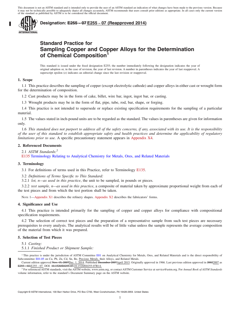 REDLINE ASTM E255-07(2014) - Standard Practice for  Sampling Copper and Copper Alloys for the Determination of  Chemical    Composition (Withdrawn 2023)