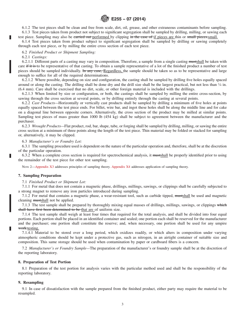 REDLINE ASTM E255-07(2014) - Standard Practice for  Sampling Copper and Copper Alloys for the Determination of  Chemical    Composition (Withdrawn 2023)