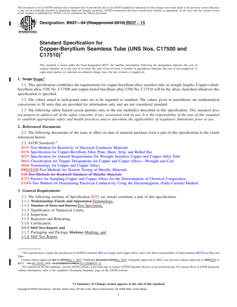 REDLINE ASTM B937-15 - Standard Specification for Copper-Beryllium Seamless Tube (UNS Nos. C17500 and C17510)