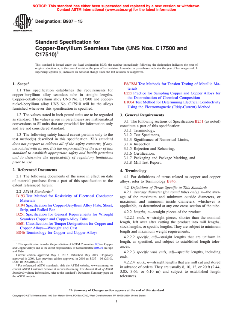 ASTM B937-15 - Standard Specification for Copper-Beryllium Seamless Tube (UNS Nos. C17500 and C17510)