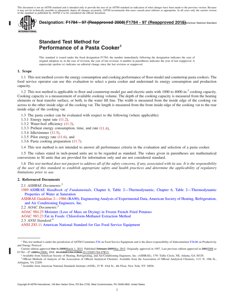 REDLINE ASTM F1784-97(2015) - Standard Test Method for  Performance of a Pasta Cooker