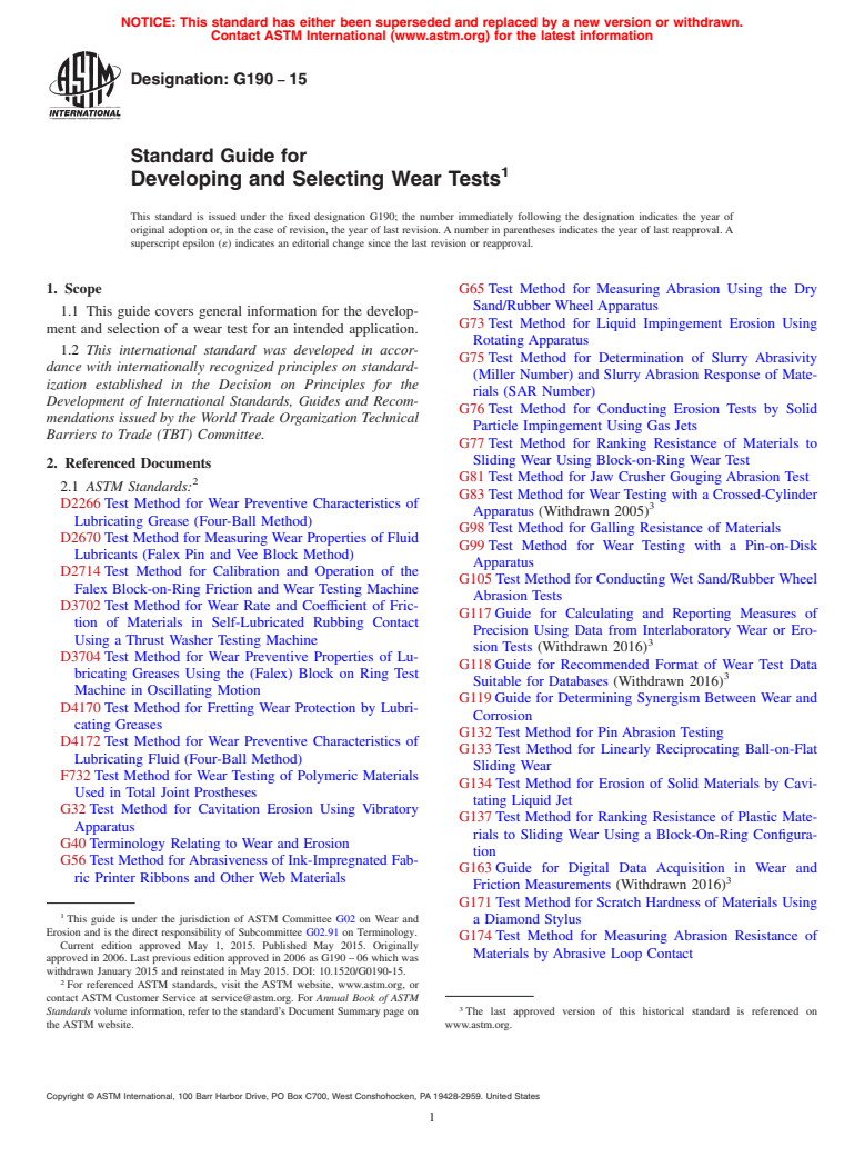 ASTM G190-15 - Standard Guide for  Developing and Selecting Wear Tests (Withdrawn 2021)