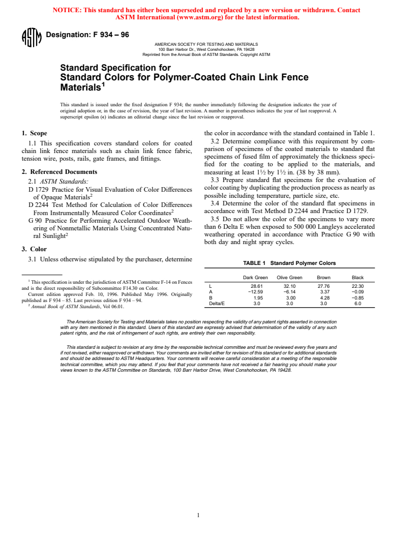 ASTM F934-96 - Standard Specification for Standard Colors for Polymer-Coated Chain Link Fence Materials