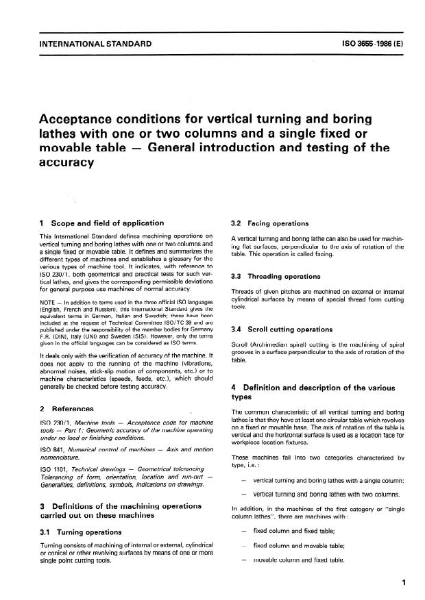 ISO 3655:1986 - Acceptance conditions for vertical turning and boring lathes with one or two columns and a single fixed or movable table -- General introduction and testing of the accuracy