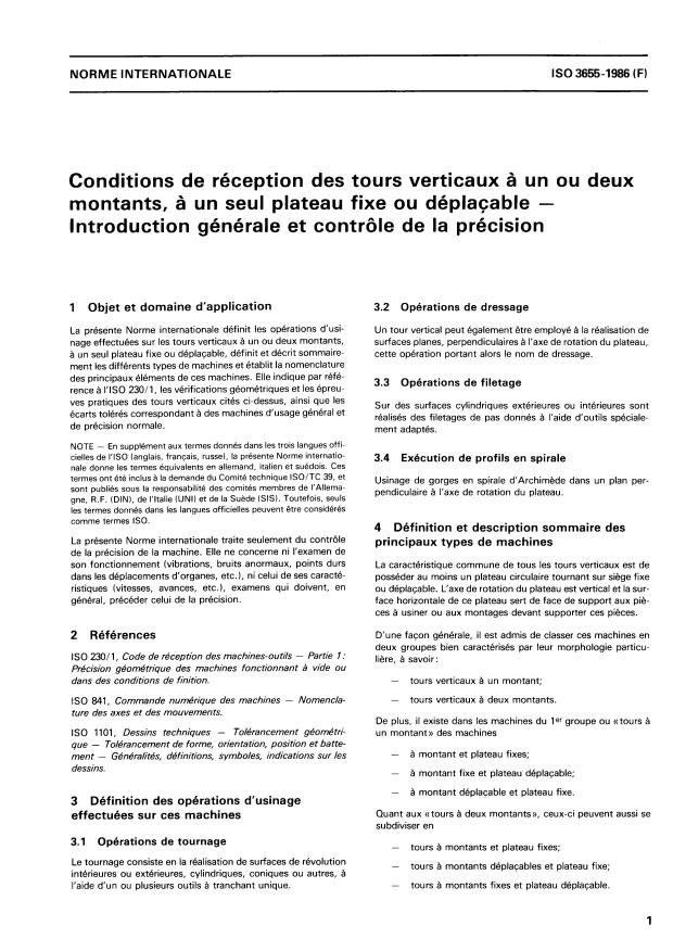 ISO 3655:1986 - Conditions de réception des tours verticaux a un ou deux montants, a un seul plateau fixe ou déplaçable -- Introduction générale et contrôle de la précision