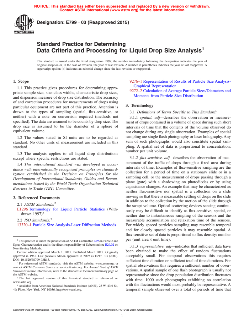 ASTM E799-03(2015) - Standard Practice for Determining  Data Criteria and Processing for Liquid Drop Size Analysis