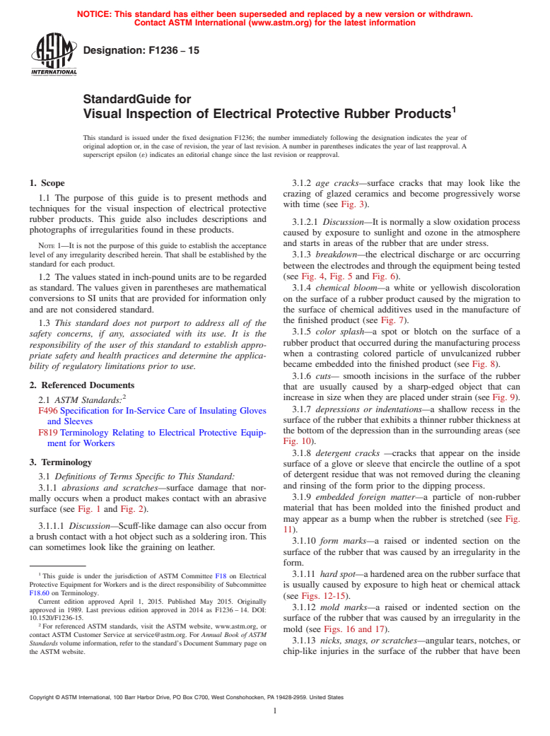 ASTM F1236-15 - Standard Guide for  Visual Inspection of Electrical Protective Rubber Products