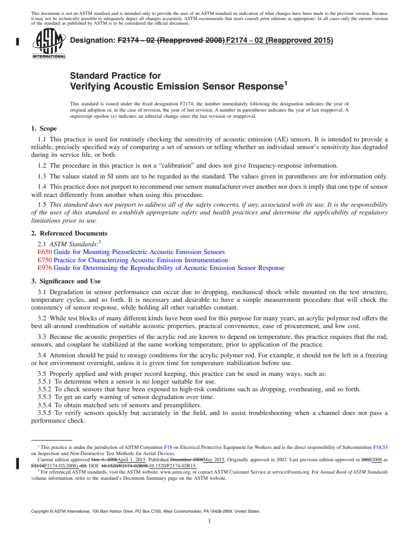 REDLINE ASTM F2174-02(2015) - Standard Practice for  Verifying Acoustic Emission Sensor Response