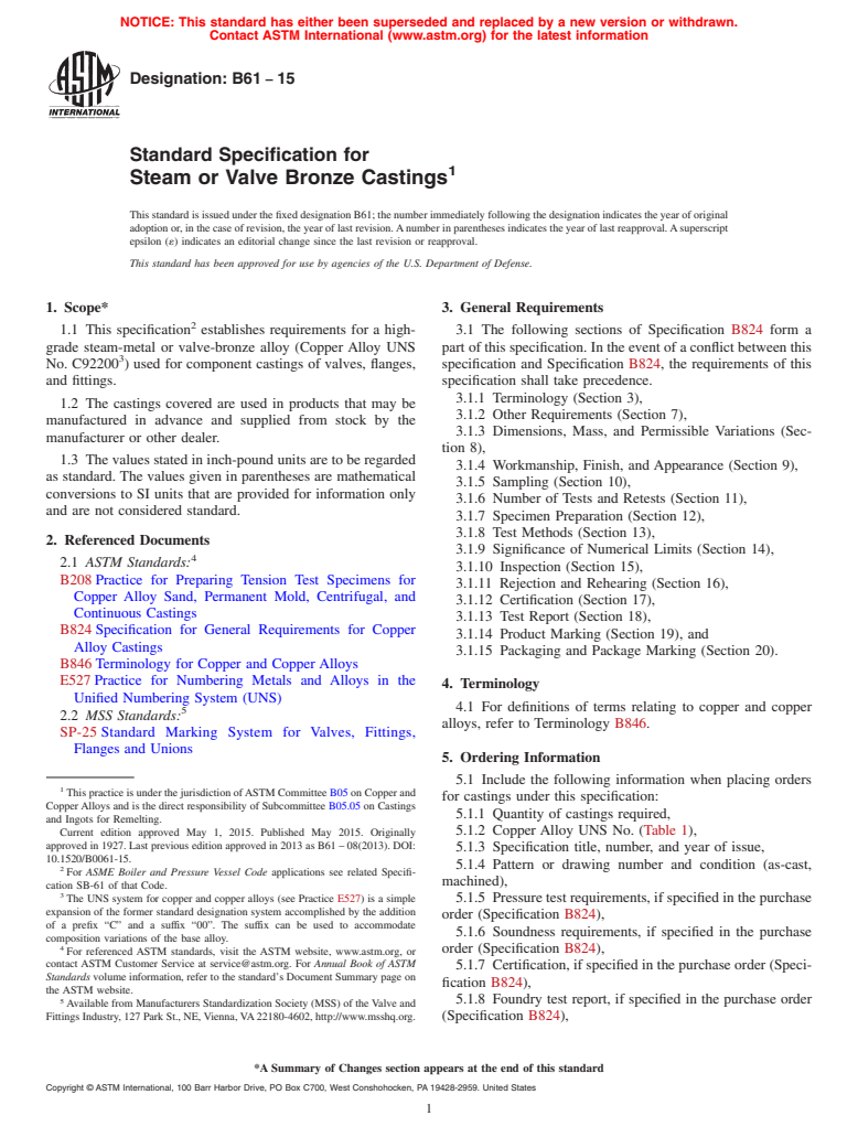 ASTM B61-15 - Standard Specification for Steam or Valve Bronze Castings