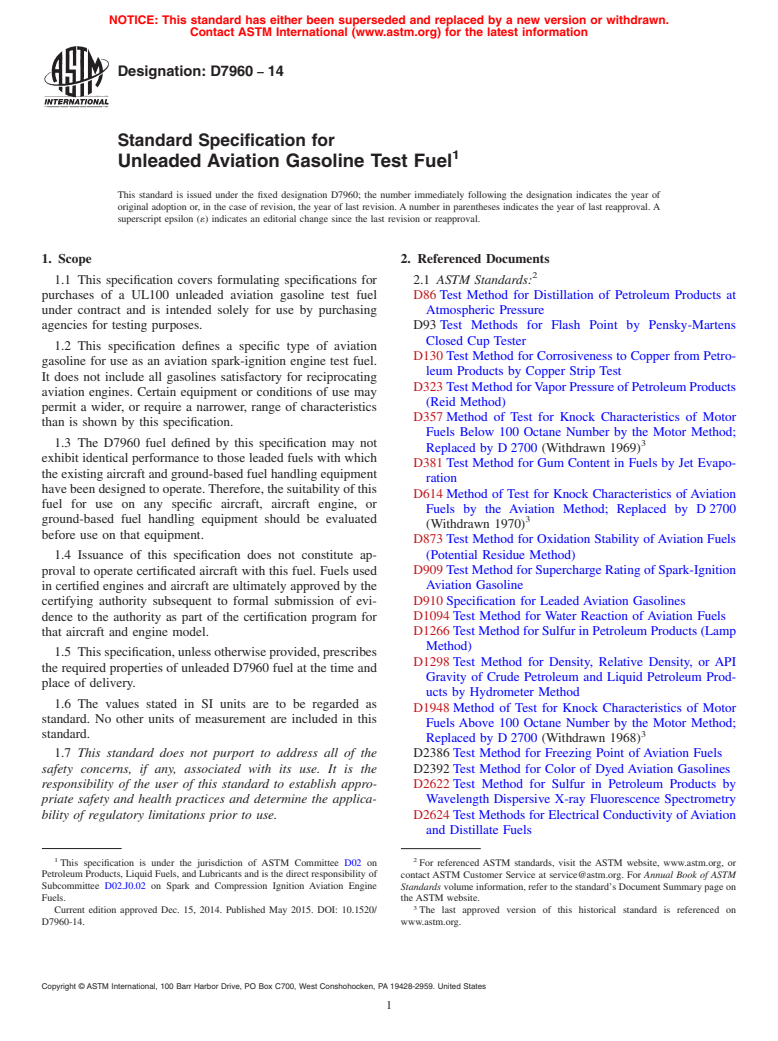 ASTM D7960-14 - Standard Specification for Unleaded Aviation Gasoline Test Fuel