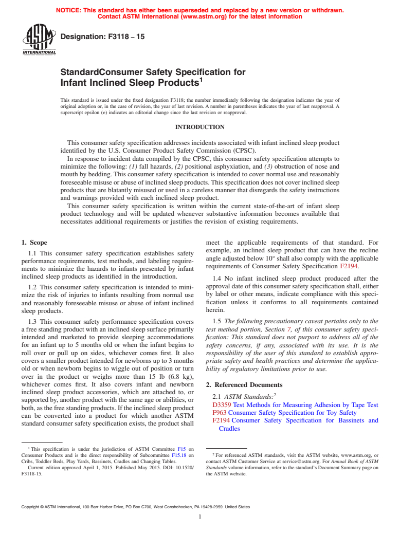 ASTM F3118-15 - Standard Consumer Safety Specification for Infant Inclined Sleep Products