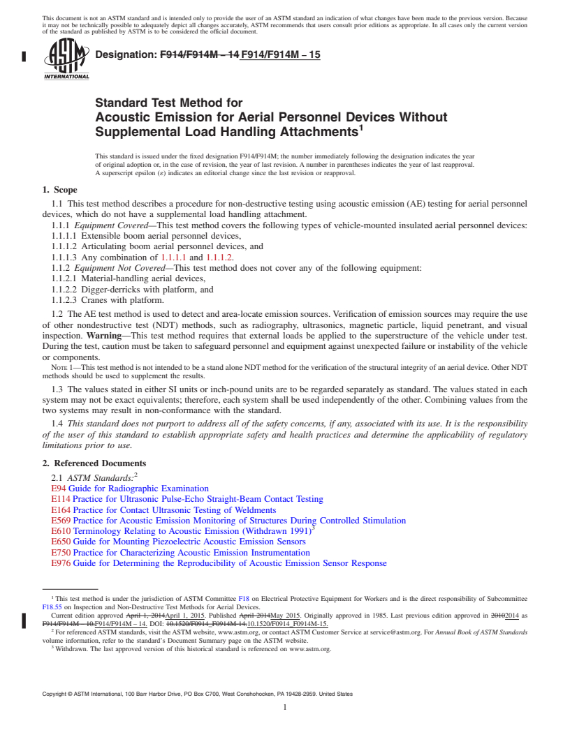 REDLINE ASTM F914/F914M-15 - Standard Test Method for  Acoustic Emission for Aerial Personnel Devices Without Supplemental   Load Handling Attachments