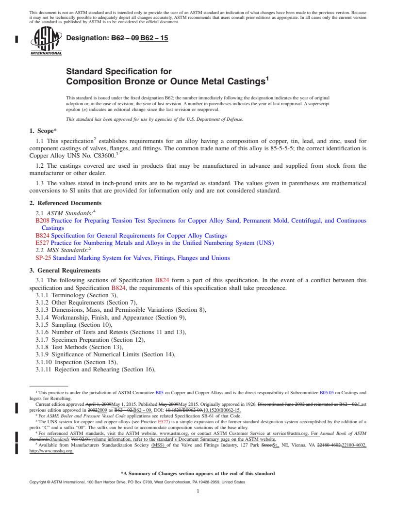 REDLINE ASTM B62-15 - Standard Specification for Composition Bronze or Ounce Metal Castings