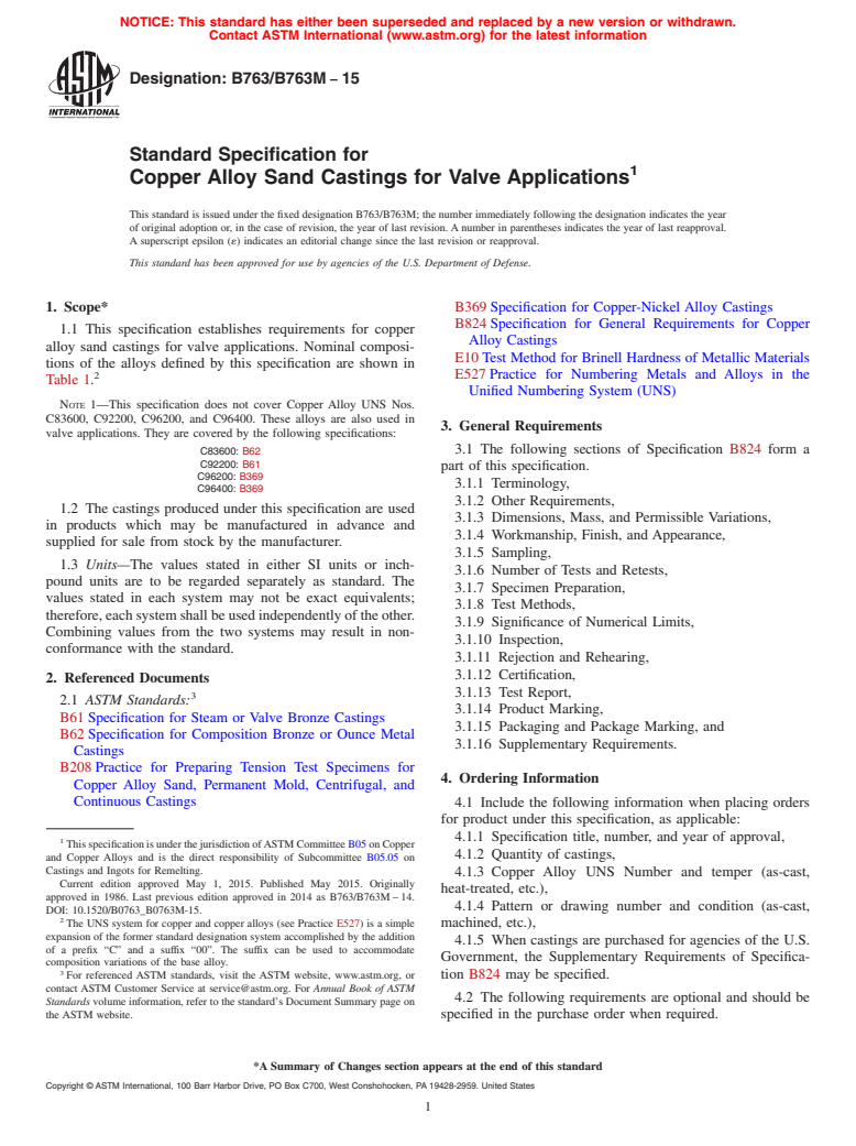 ASTM B763/B763M-15 - Standard Specification for Copper Alloy Sand Castings for Valve Applications