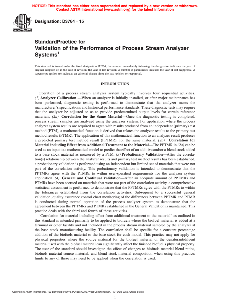 ASTM D3764-15 - Standard Practice for  Validation of the Performance of Process Stream Analyzer Systems