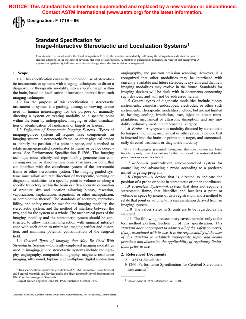 ASTM F1719-96 - Standard Specification for Image-Interactive Stereotactic and Localization Systems