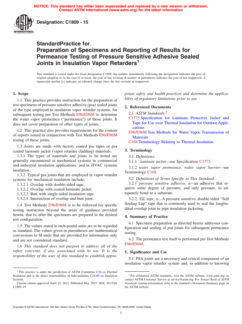 ASTM C1809-15 - Standard Practice for Preparation of Specimens and Reporting of  Results for Permeance  Testing of Pressure Sensitive Adhesive Sealed  Joints in Insulation  Vapor Retarders