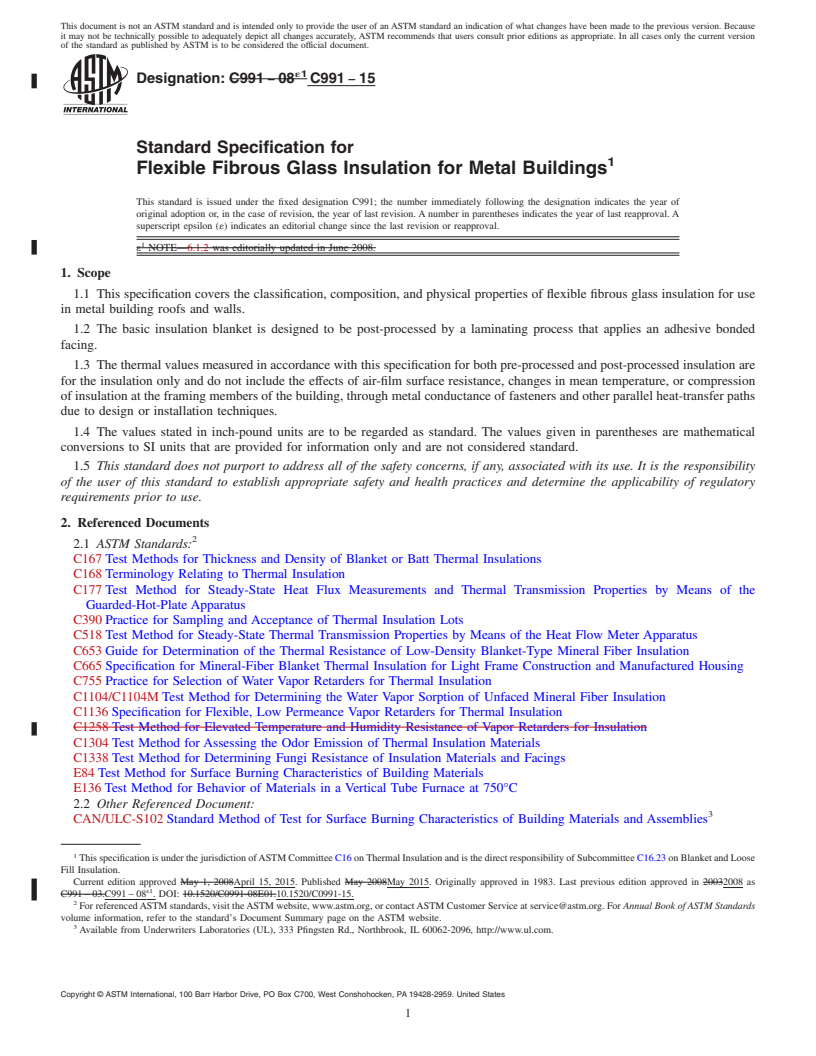 REDLINE ASTM C991-15 - Standard Specification for  Flexible Fibrous Glass Insulation for Metal Buildings