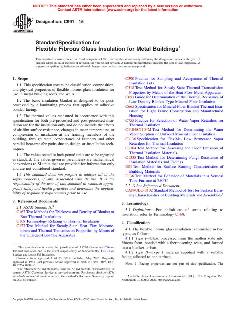 ASTM C991-15 - Standard Specification for  Flexible Fibrous Glass Insulation for Metal Buildings