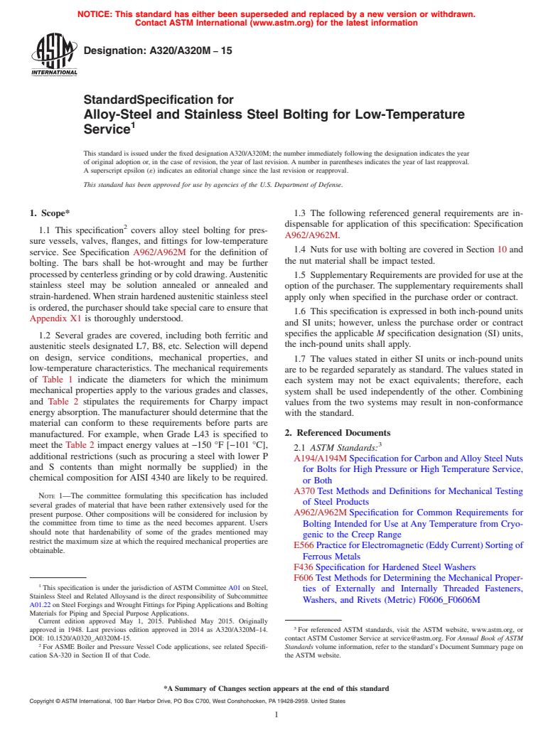 ASTM A320/A320M-15 - Standard Specification for  Alloy-Steel and Stainless Steel Bolting for Low-Temperature  Service