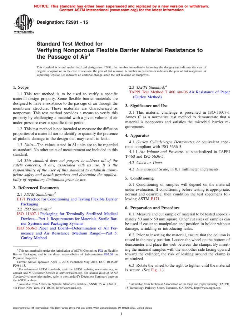 ASTM F2981-15 - Standard Test Method for Verifying Nonporous Flexible Barrier Material Resistance to  the Passage of Air