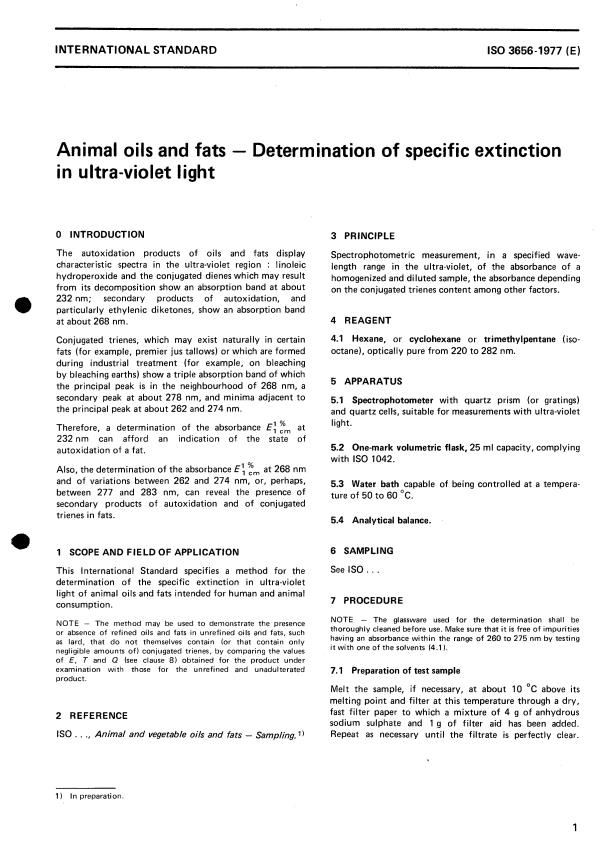 ISO 3656:1977 - Animal oils and fats -- Determination of specific extinction in ultra-violet light