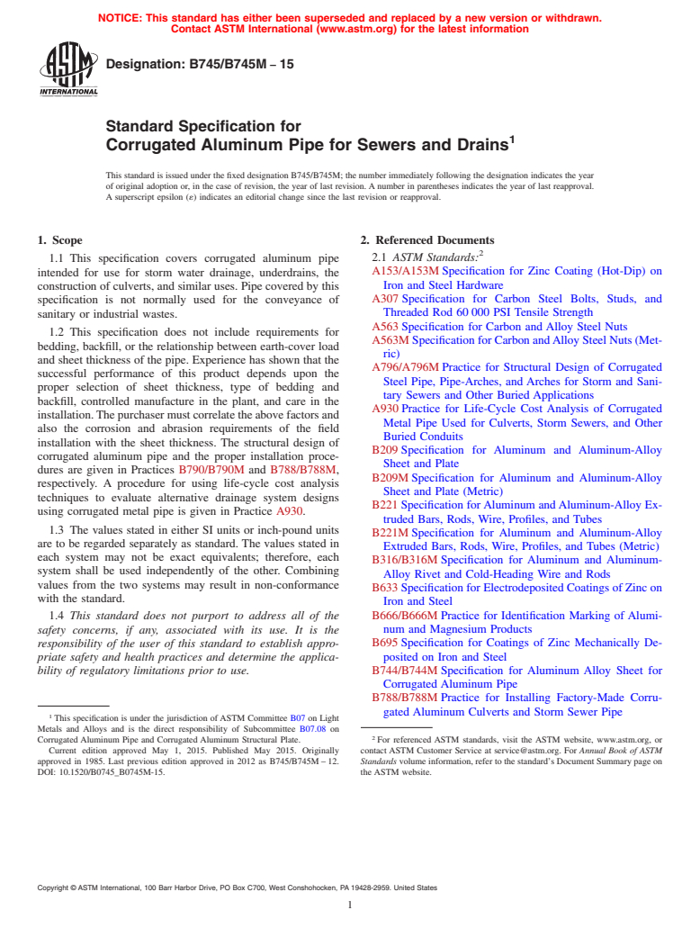 ASTM B745/B745M-15 - Standard Specification for  Corrugated Aluminum Pipe for Sewers and Drains