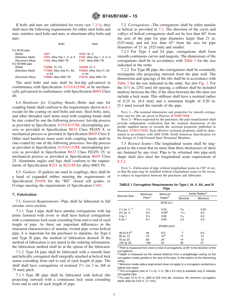 ASTM B745/B745M-15 - Standard Specification for  Corrugated Aluminum Pipe for Sewers and Drains