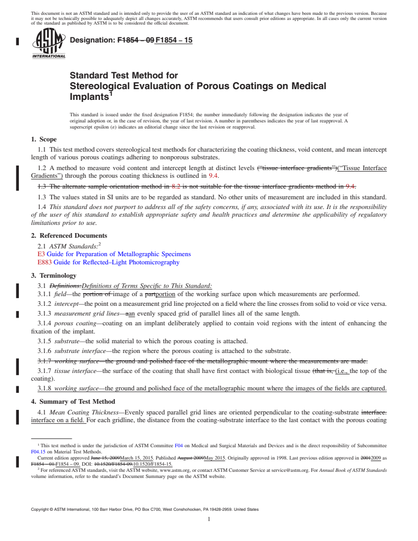 REDLINE ASTM F1854-15 - Standard Test Method for Stereological Evaluation of Porous Coatings on Medical Implants