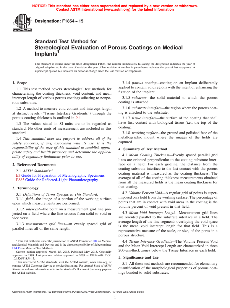 ASTM F1854-15 - Standard Test Method for Stereological Evaluation of Porous Coatings on Medical Implants (Withdrawn 2024)