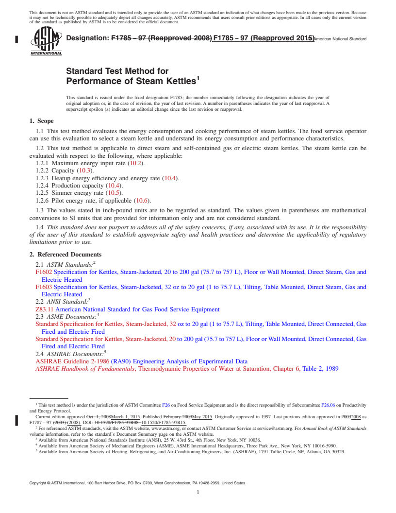 REDLINE ASTM F1785-97(2015) - Standard Test Method for Performance of Steam Kettles