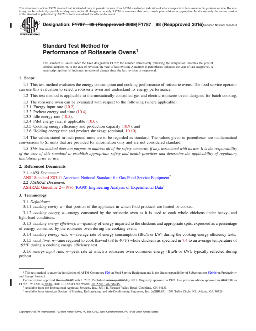 REDLINE ASTM F1787-98(2015) - Standard Test Method for  Performance of Rotisserie Ovens