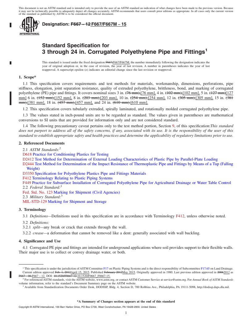 REDLINE ASTM F667/F667M-15 - Standard Specification for  3 through 24 in. Corrugated Polyethylene Pipe and Fittings