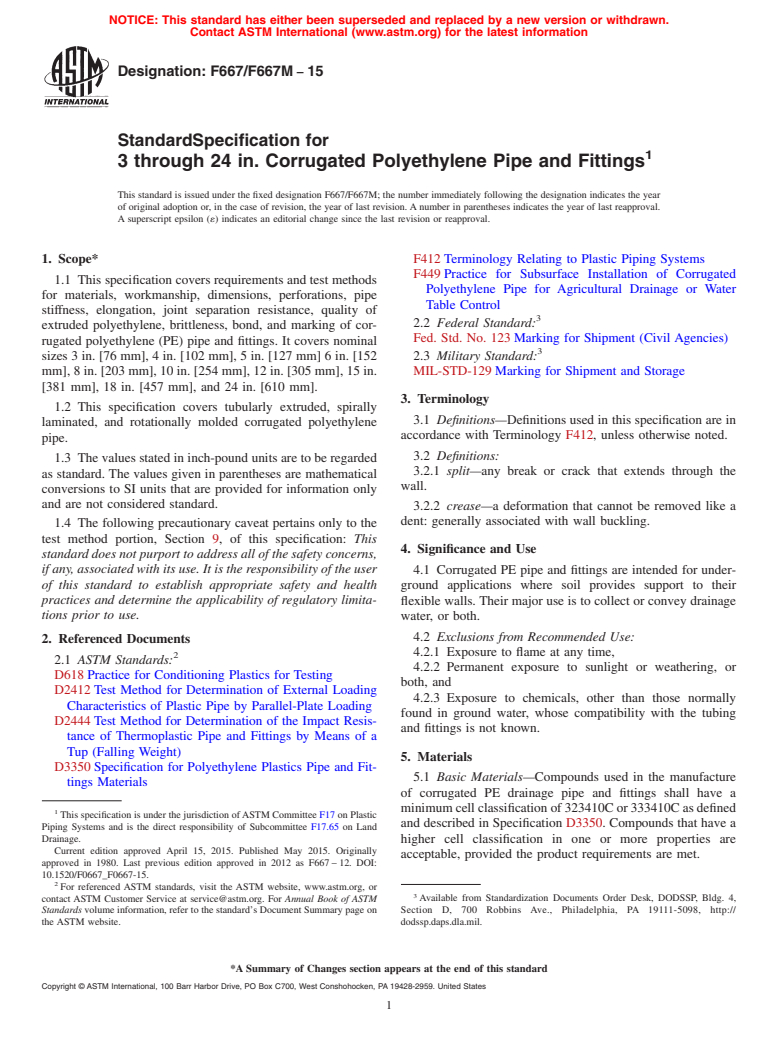 ASTM F667/F667M-15 - Standard Specification for  3 through 24 in. Corrugated Polyethylene Pipe and Fittings