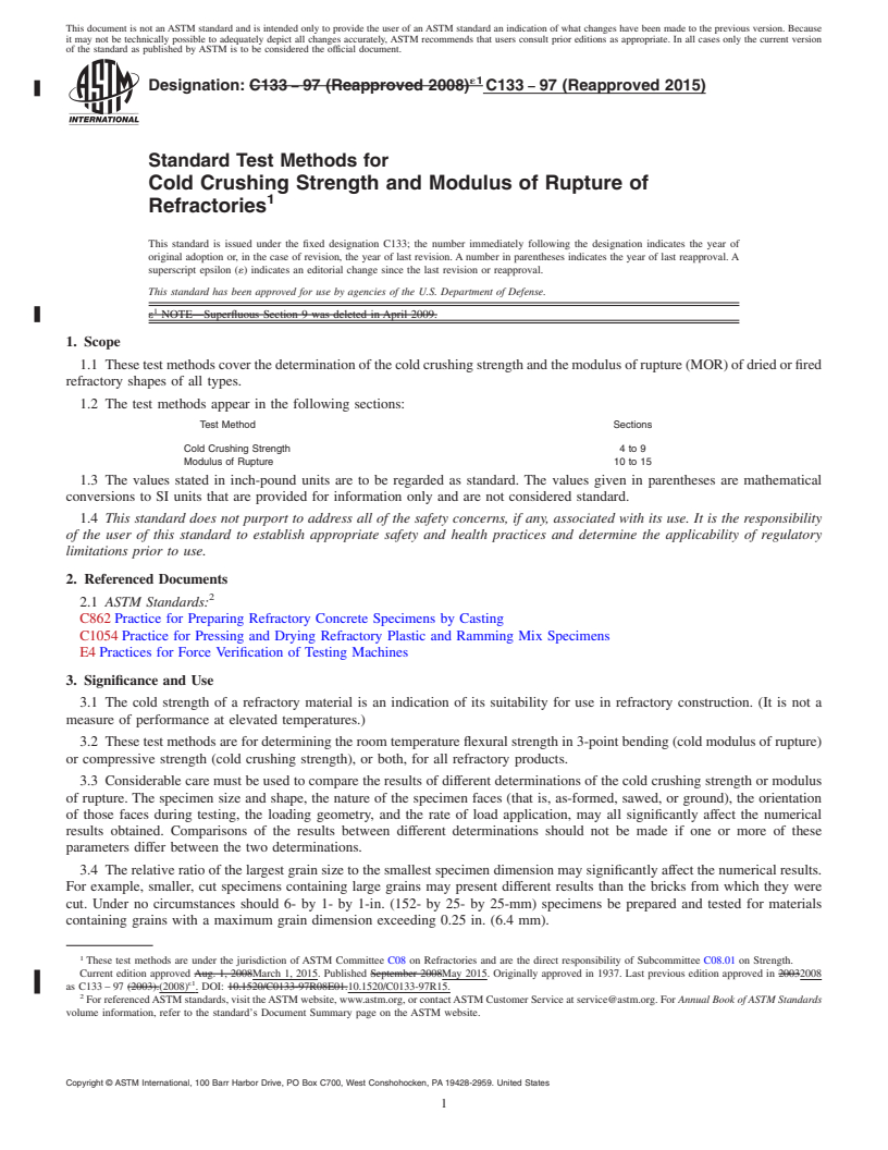 REDLINE ASTM C133-97(2015) - Standard Test Methods for Cold Crushing Strength and Modulus of Rupture of Refractories