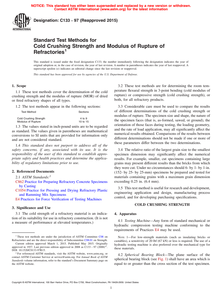 ASTM C133-97(2015) - Standard Test Methods for Cold Crushing Strength and Modulus of Rupture of Refractories