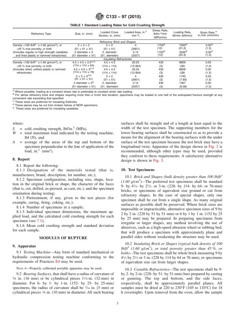 ASTM C133-97(2015) - Standard Test Methods for Cold Crushing Strength and Modulus of Rupture of Refractories