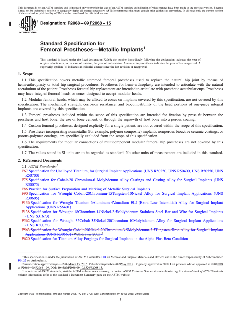 REDLINE ASTM F2068-15 - Standard Specification for  Femoral Prostheses&mdash;Metallic Implants