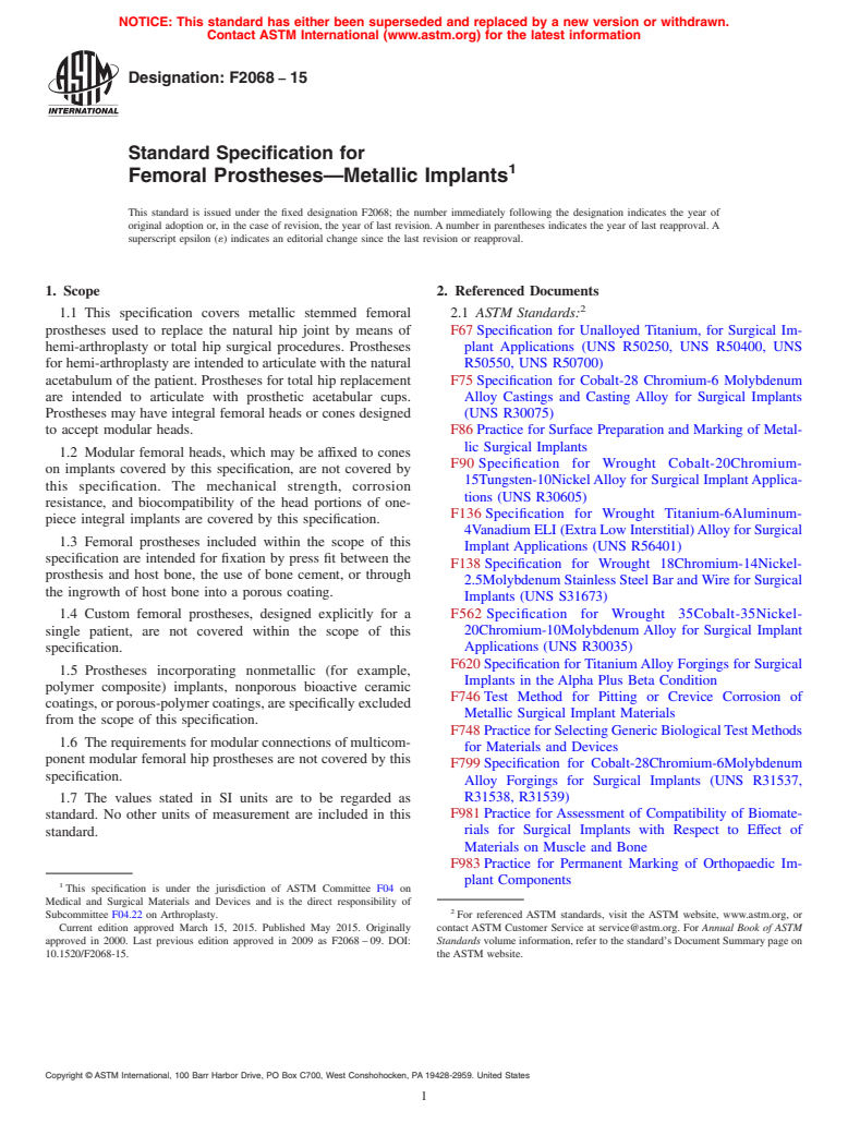 ASTM F2068-15 - Standard Specification for  Femoral Prostheses&mdash;Metallic Implants (Withdrawn 2023)