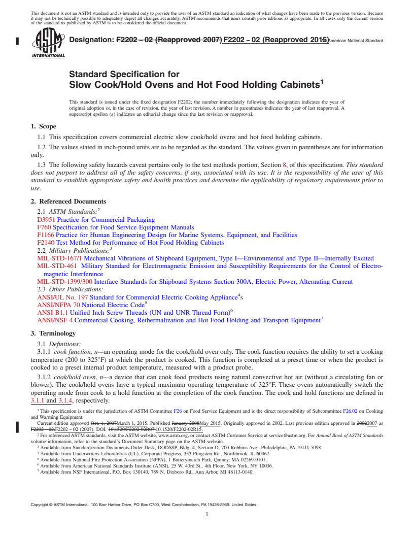 REDLINE ASTM F2202-02(2015) - Standard Specification for Slow Cook/Hold Ovens and Hot Food Holding Cabinets