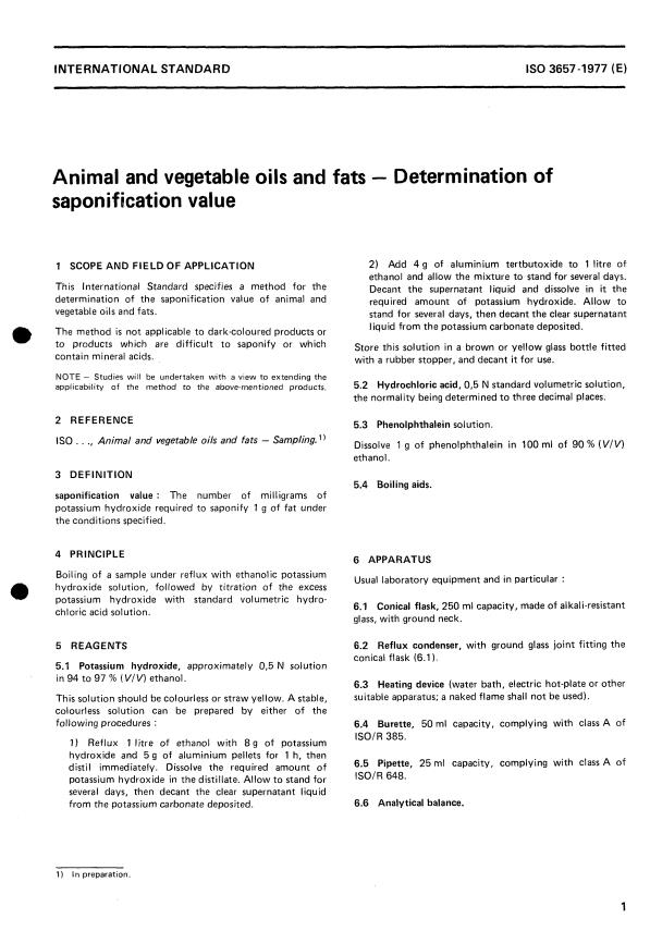 ISO 3657:1977 - Animal and vegetable oils and fats -- Determination of saponification value