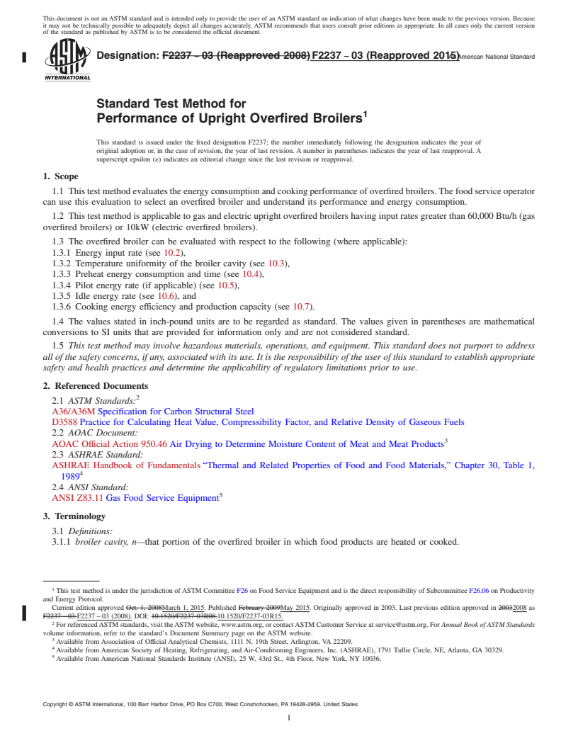 REDLINE ASTM F2237-03(2015) - Standard Test Method for Performance of Upright Overfired Broilers