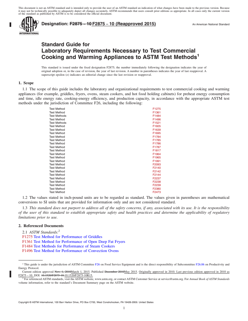 REDLINE ASTM F2875-10(2015) - Standard Guide for Laboratory Requirements Necessary to Test Commercial Cooking  and Warming Appliances to ASTM Test Methods