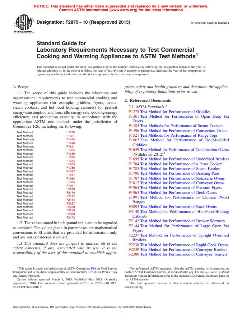 ASTM F2875-10(2015) - Standard Guide for Laboratory Requirements Necessary to Test Commercial Cooking  and Warming Appliances to ASTM Test Methods