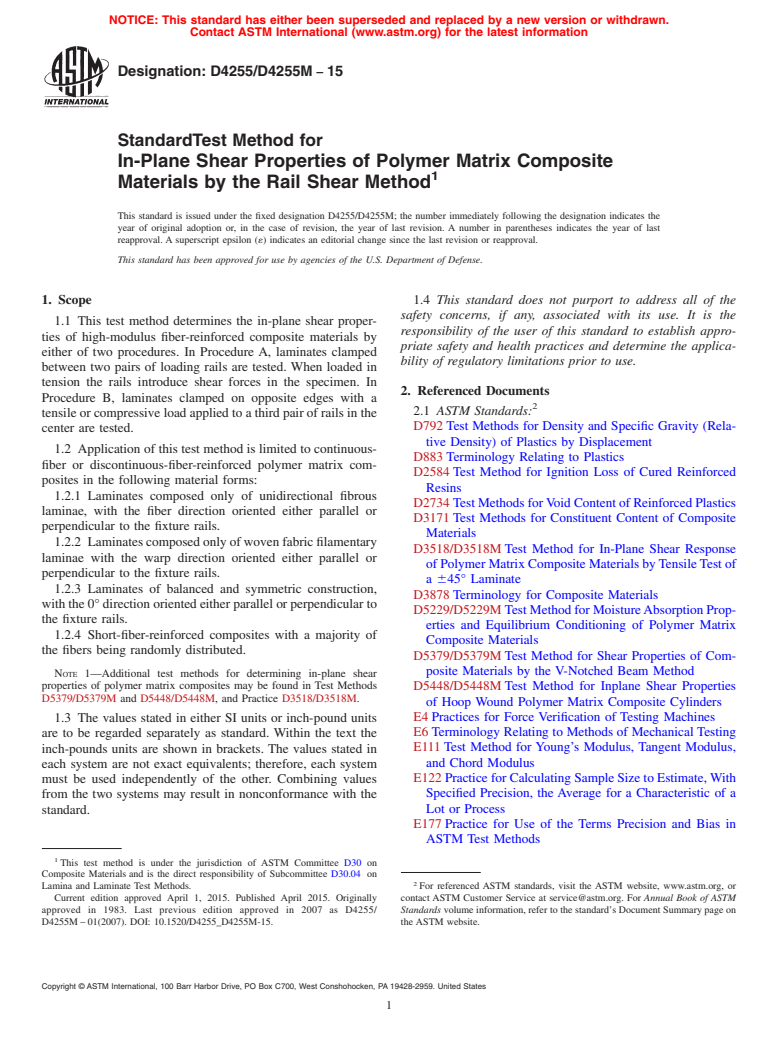 ASTM D4255/D4255M-15 - Standard Test Method for  In-Plane Shear Properties of Polymer Matrix Composite Materials  by the Rail Shear Method