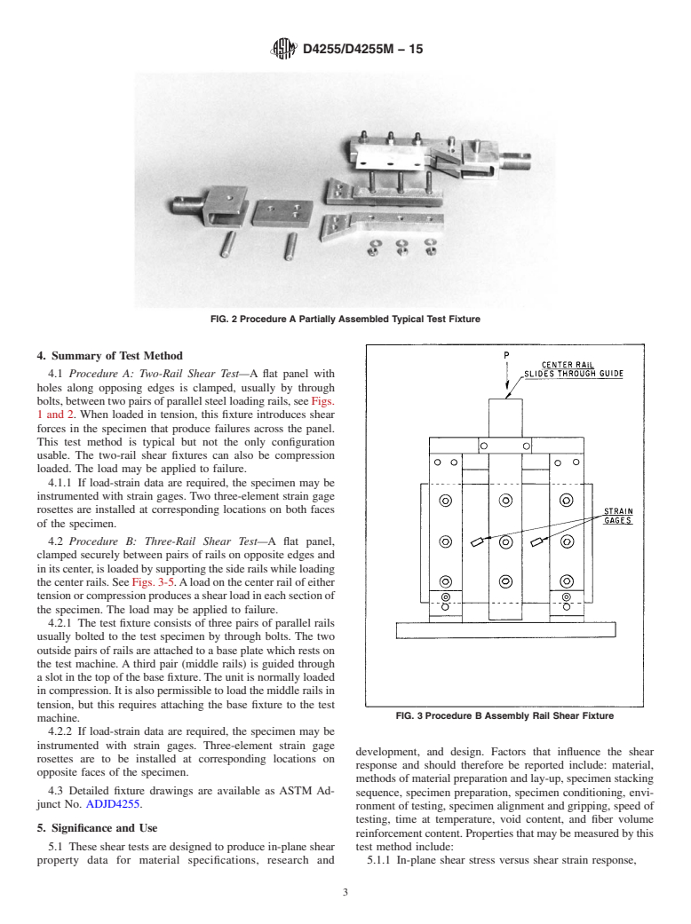 ASTM D4255/D4255M-15 - Standard Test Method for  In-Plane Shear Properties of Polymer Matrix Composite Materials  by the Rail Shear Method