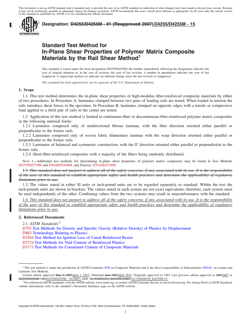 REDLINE ASTM D4255/D4255M-15 - Standard Test Method for  In-Plane Shear Properties of Polymer Matrix Composite Materials  by the Rail Shear Method