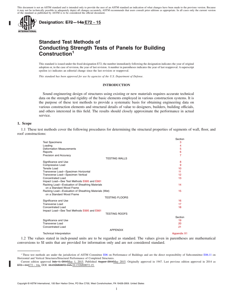 REDLINE ASTM E72-15 - Standard Test Methods of Conducting Strength Tests of Panels for Building Construction