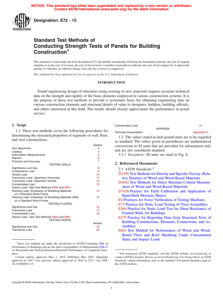 ASTM E72-15 - Standard Test Methods of Conducting Strength Tests of Panels for Building Construction