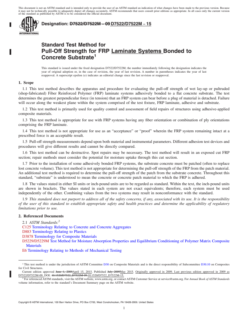 REDLINE ASTM D7522/D7522M-15 - Standard Test Method for  Pull-Off Strength for FRP Laminate Systems Bonded to Concrete  Substrate